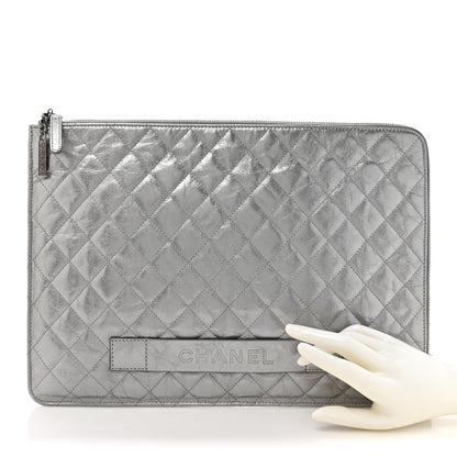 Chanel Metallic Crumpled Calfskin Quilted Large Slide Pouch Silver 2 of 13