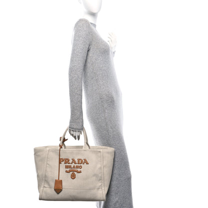 Prada Linen Vitello Large Logo Tote Natural 2 of 9