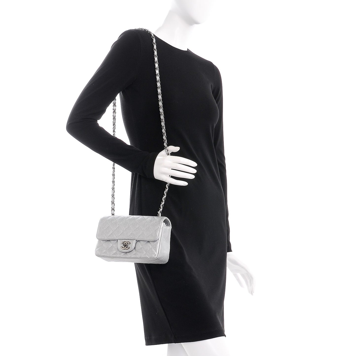 Metallic Caviar Quilted Mini Rectangular Flap Silver