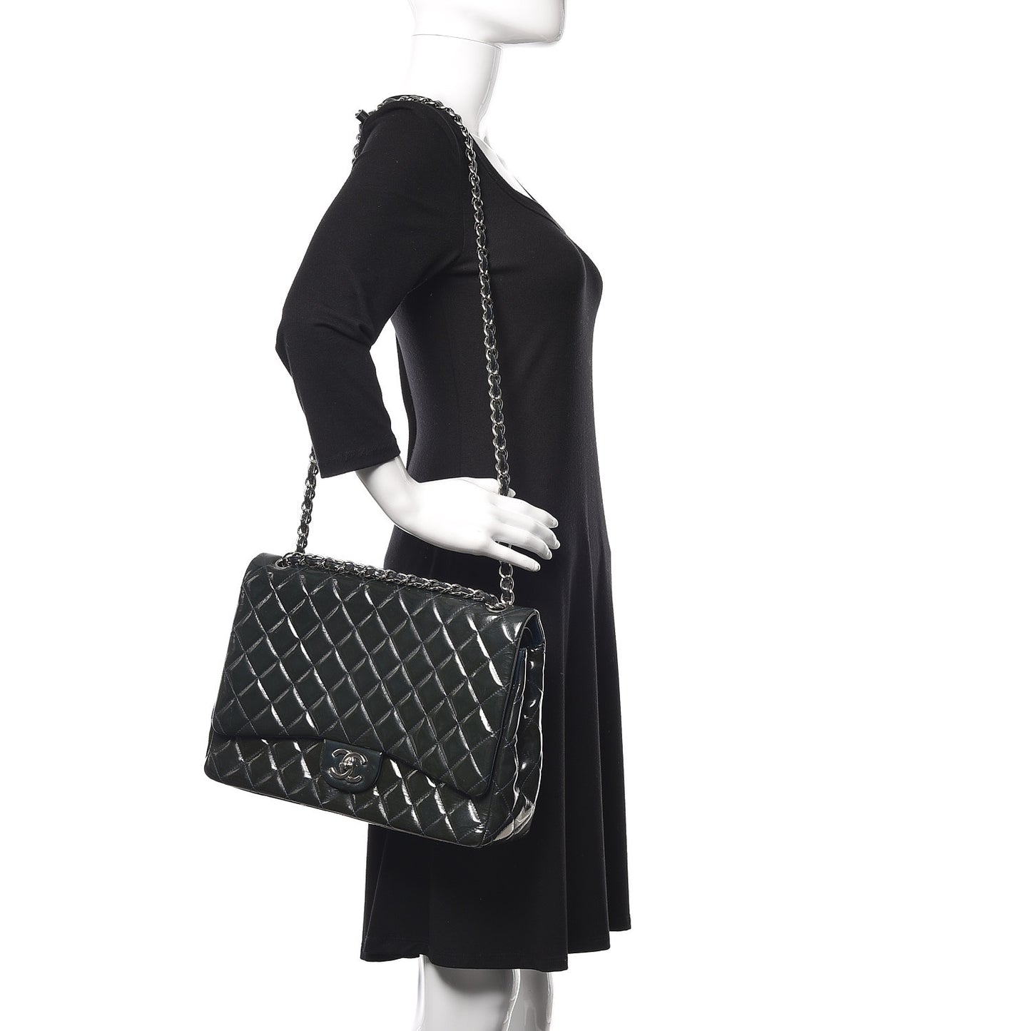 Patent Quilted Maxi Double Flap Navy Blue