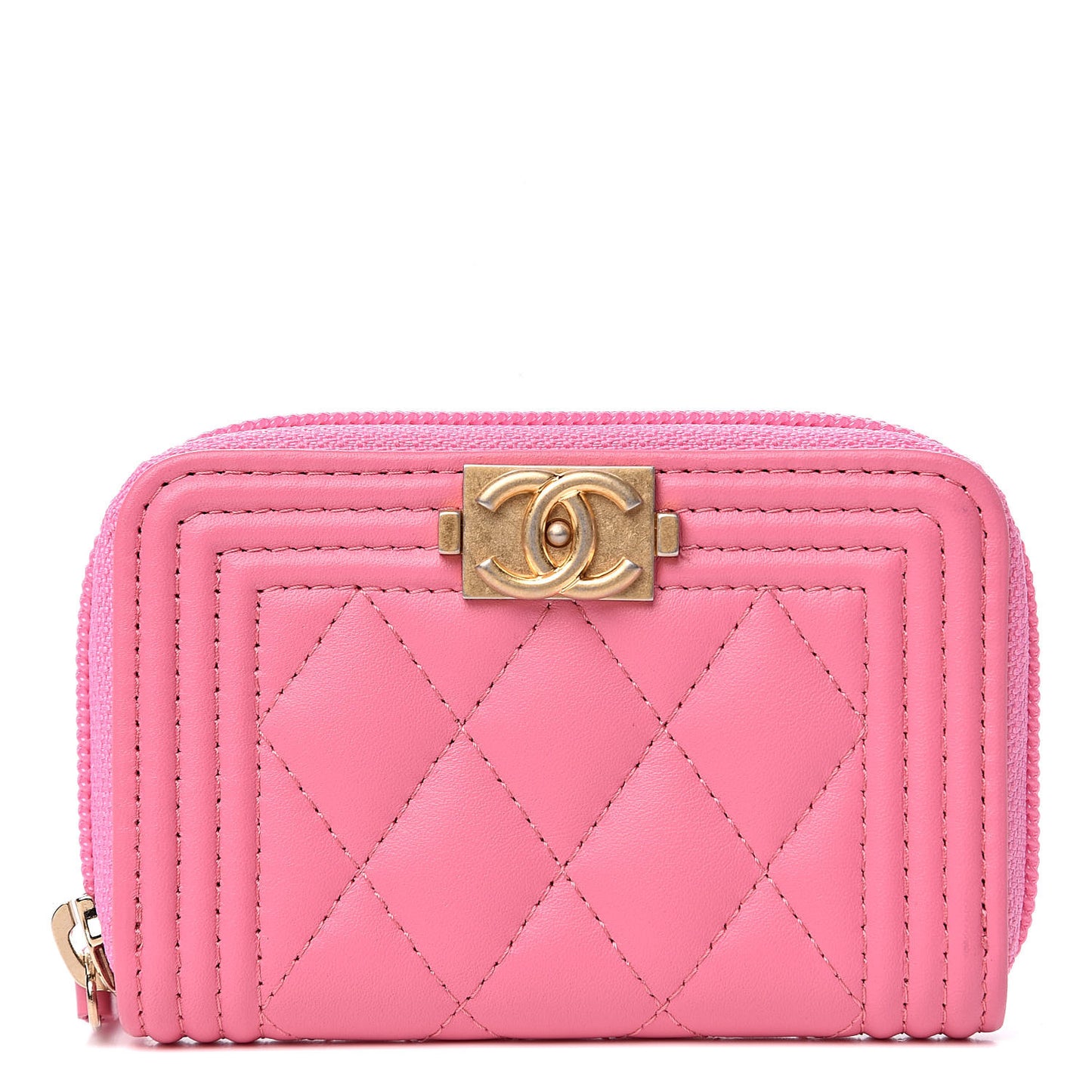 Lambskin Quilted Boy Zip Around Coin Purse Wallet Pink