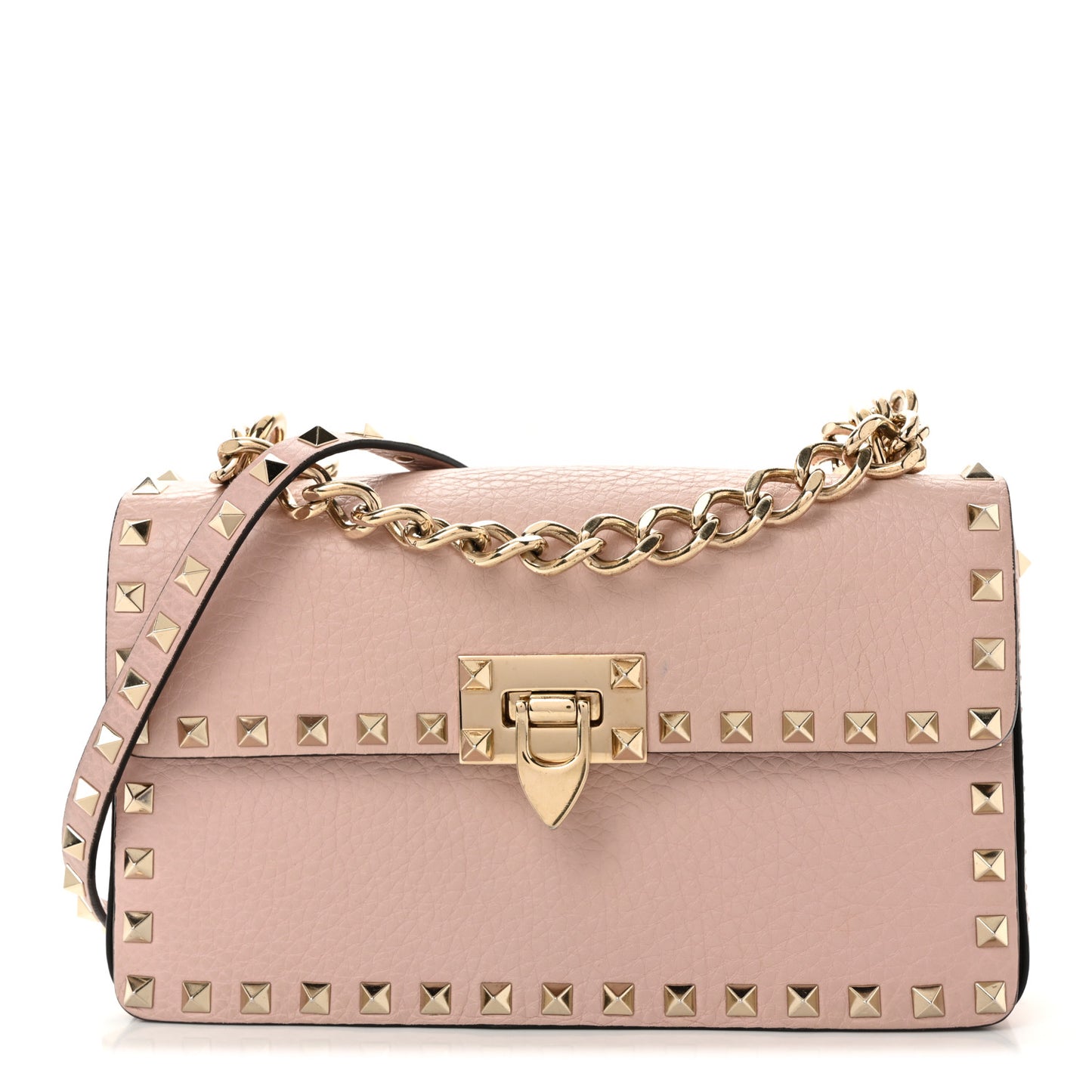 Pebbled Calfskin Rockstud Flip Lock Chain Crossbody Bag Poudre
