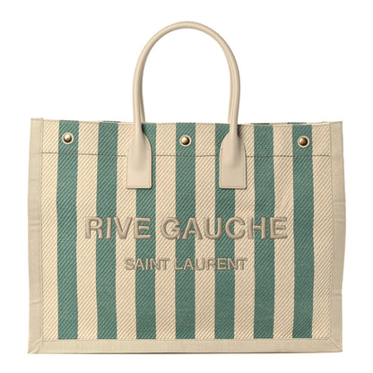 Saint Laurent Cotton Linen Calfskin Striped Rive Gauche Tote Water Green 1 of 10