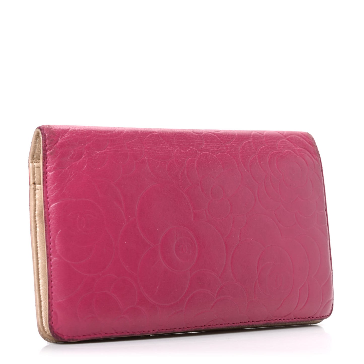 Lambskin Camellia Embossed Yen Wallet Fuchsia
