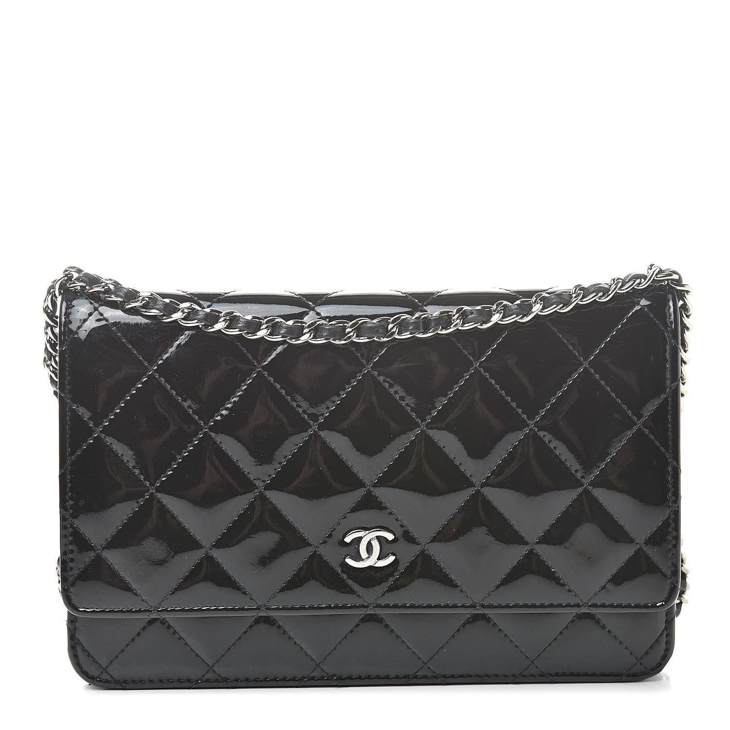 Chanel Patent Quilted Wallet On Chain WOC Black 1 of 14