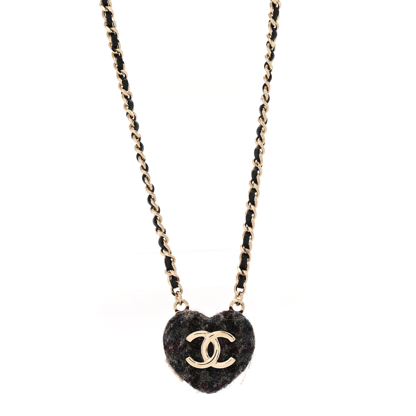 Tweed Lambskin CC Heart Locket Necklace Gold Black Beige