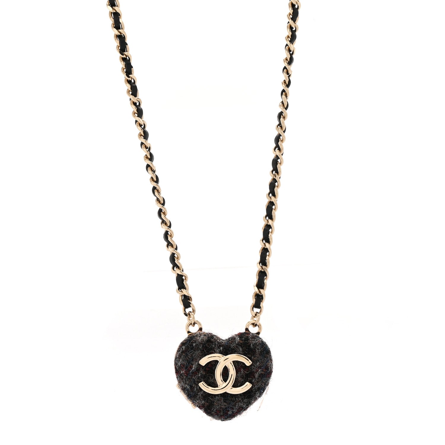 Chanel Tweed Lambskin CC Heart Locket Necklace Gold Black Beige 1 of 9