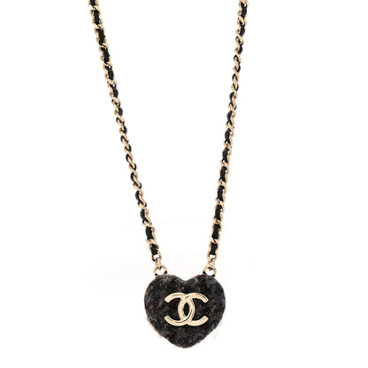 Chanel Tweed Lambskin CC Heart Locket Necklace Gold Black Beige 1 of 9
