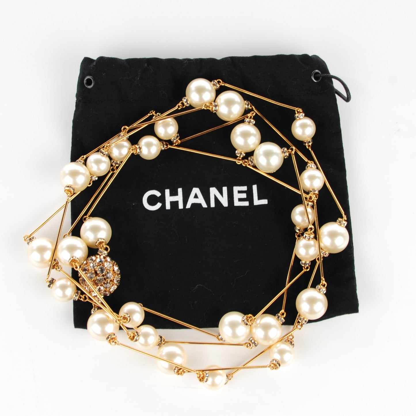 Crystal Pearl CC Long Necklace Gold