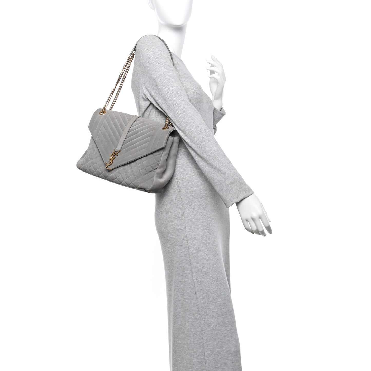 Suede Mixed Matelasse Tri-Quilt Large Monogram Envelope Satchel Grey