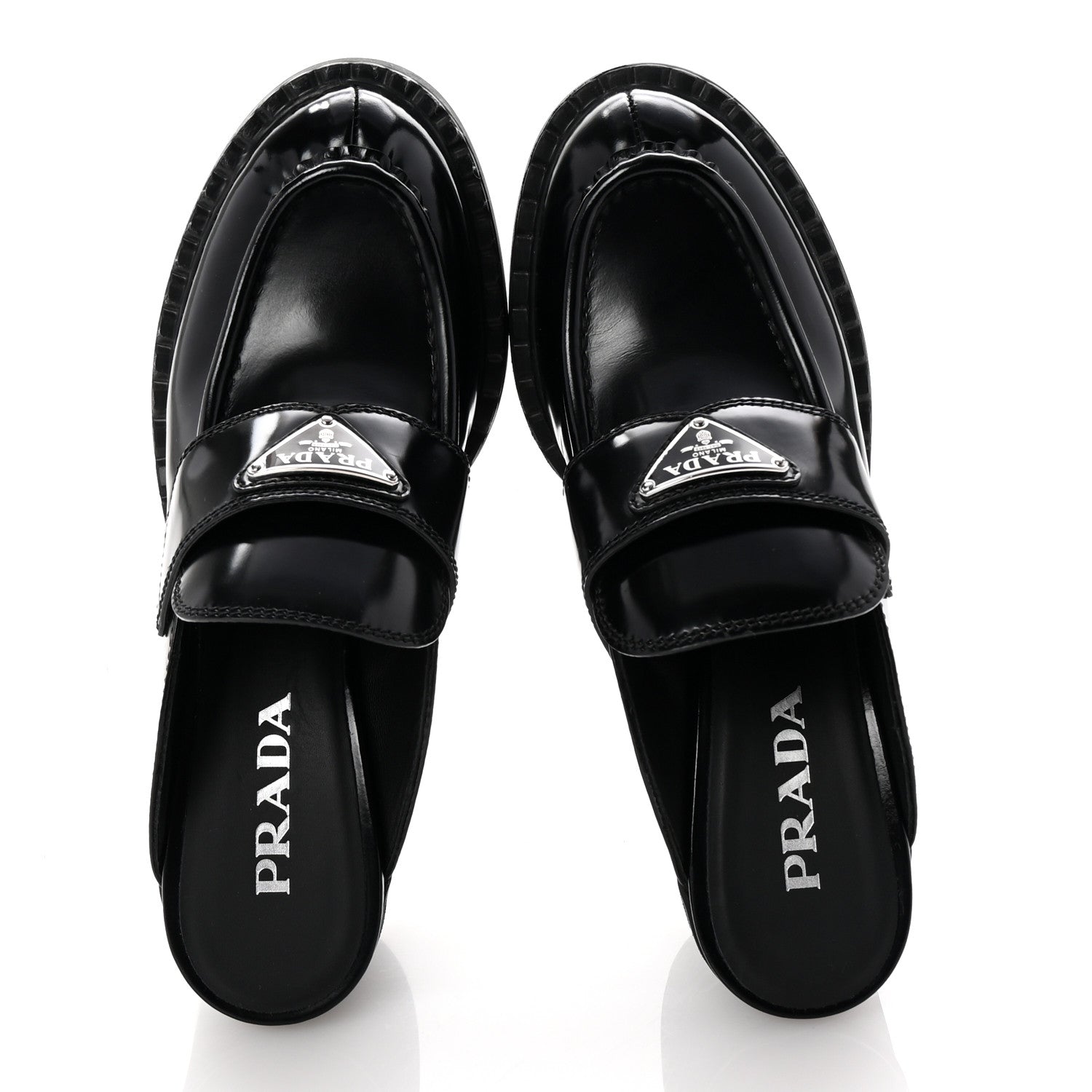Prada Spazzolato Metal Triangle Logo Platform Loafer Mules 37.5 Black 2 of 9