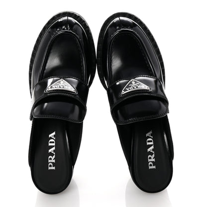 Prada Spazzolato Metal Triangle Logo Platform Loafer Mules 37.5 Black 2 of 9