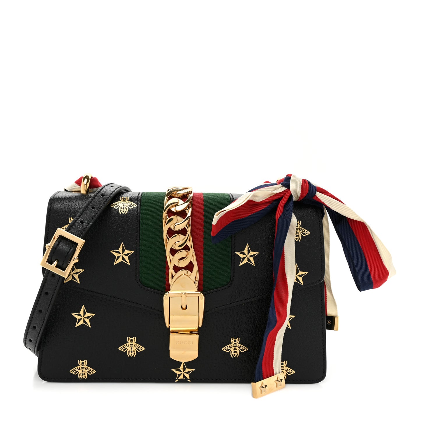 Textured Calfskin Bee Star Print Small Sylvie Shoulder Bag Black