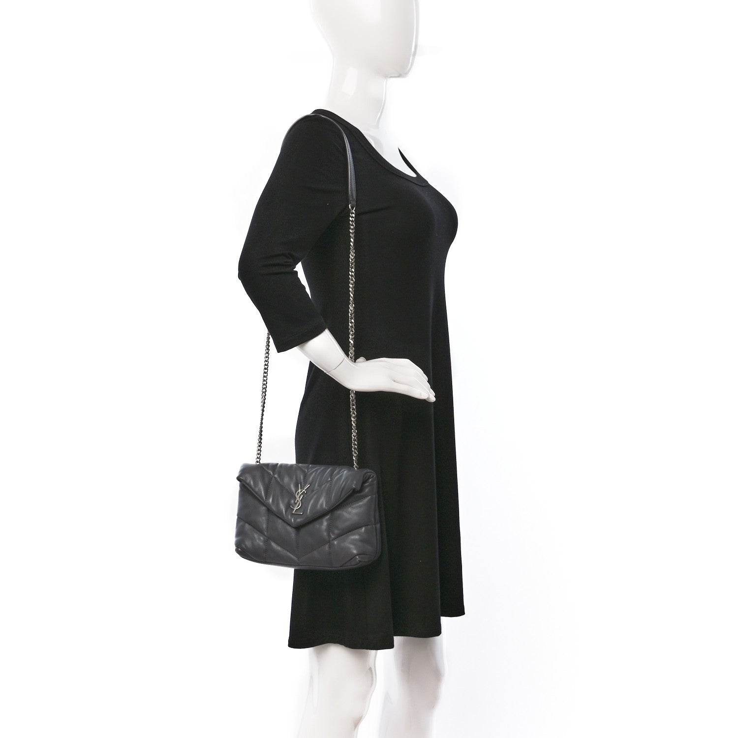 Saint Laurent Lambskin Quilted Toy Loulou Puffer Monogram Chain Satchel Storm 2 of 9