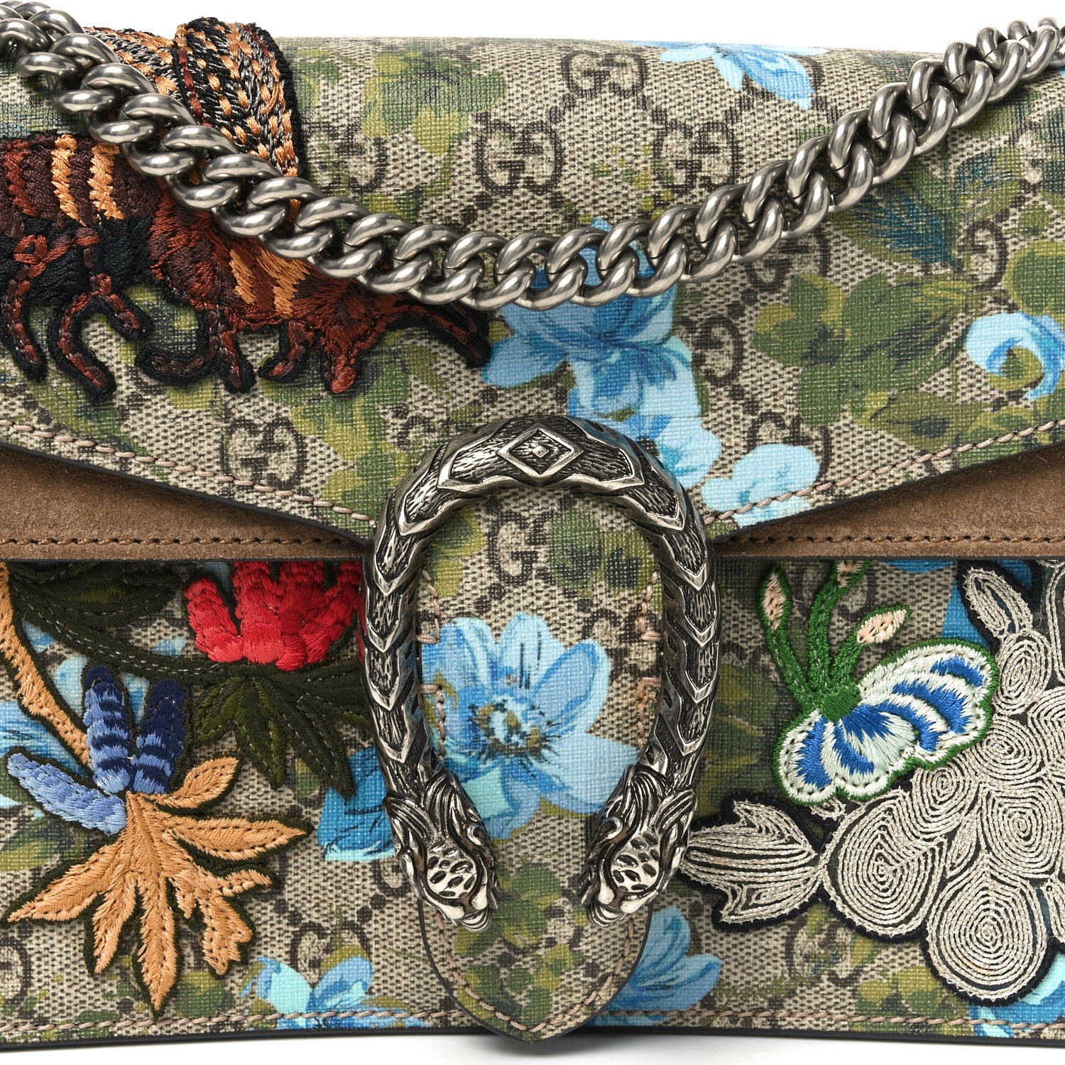 Gucci GG Supreme Monogram Blooms Print Embroidered Small Dionysus Shoulder Bag Blue Taupe 8 of 10