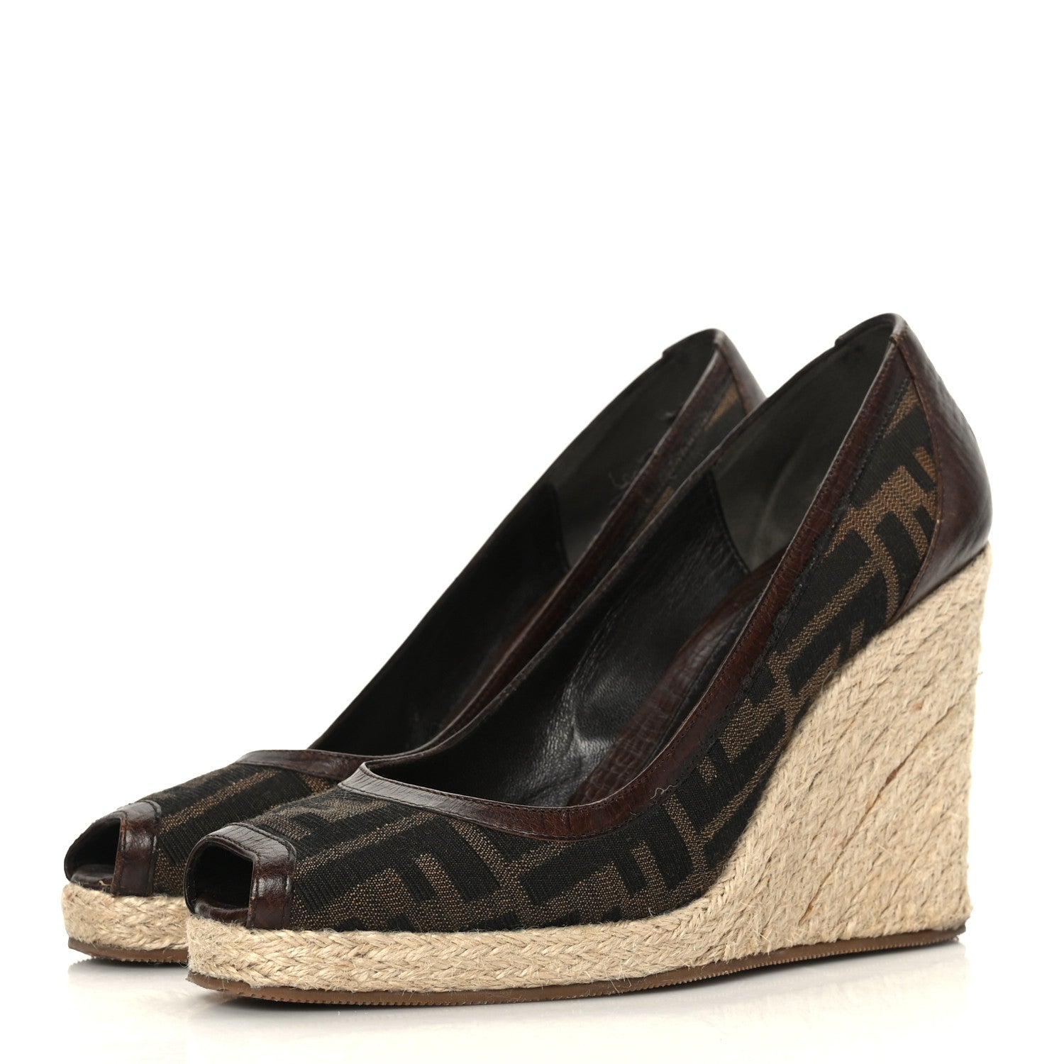 Fendi Zucca Raffia Zeppa Wedge Sandals 37.5 Tobacco 3 of 8