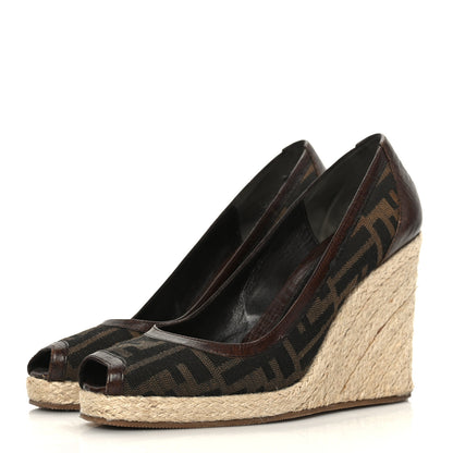 Fendi Zucca Raffia Zeppa Wedge Sandals 37.5 Tobacco 3 of 8