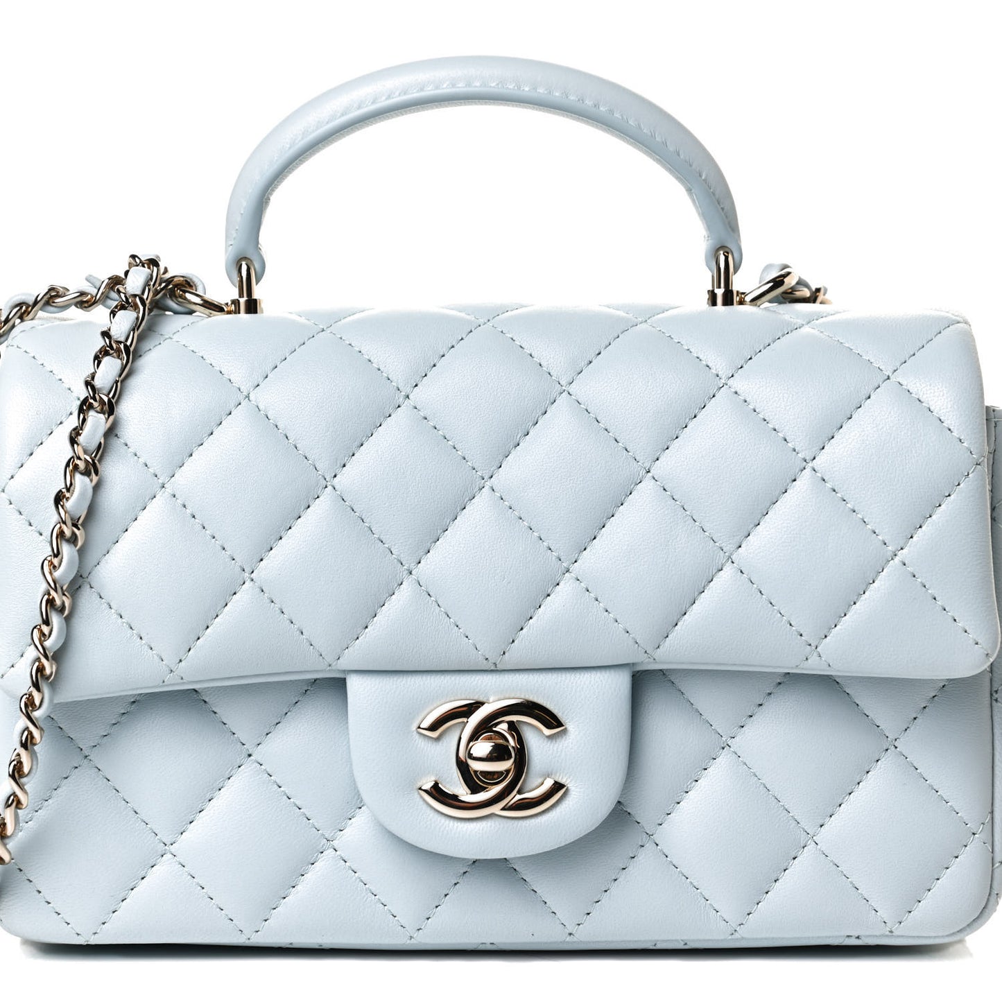 Lambskin Quilted Mini Top Handle Rectangular Flap Light Blue