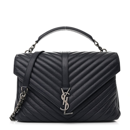 Saint Laurent Sheepskin Matelasse Chevron Monogram Large College Satchel Deep Marine 1 of 12