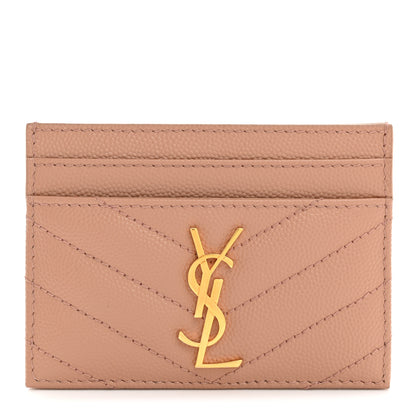 Saint Laurent Grain De Poudre Matelasse Chevron Monogram Credit Card Case Dark Beige 1 of 7
