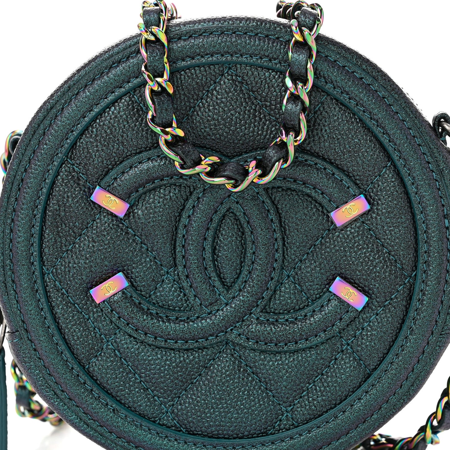 Iridescent Caviar Quilted Round Filigree Crossbody Dark Turquoise