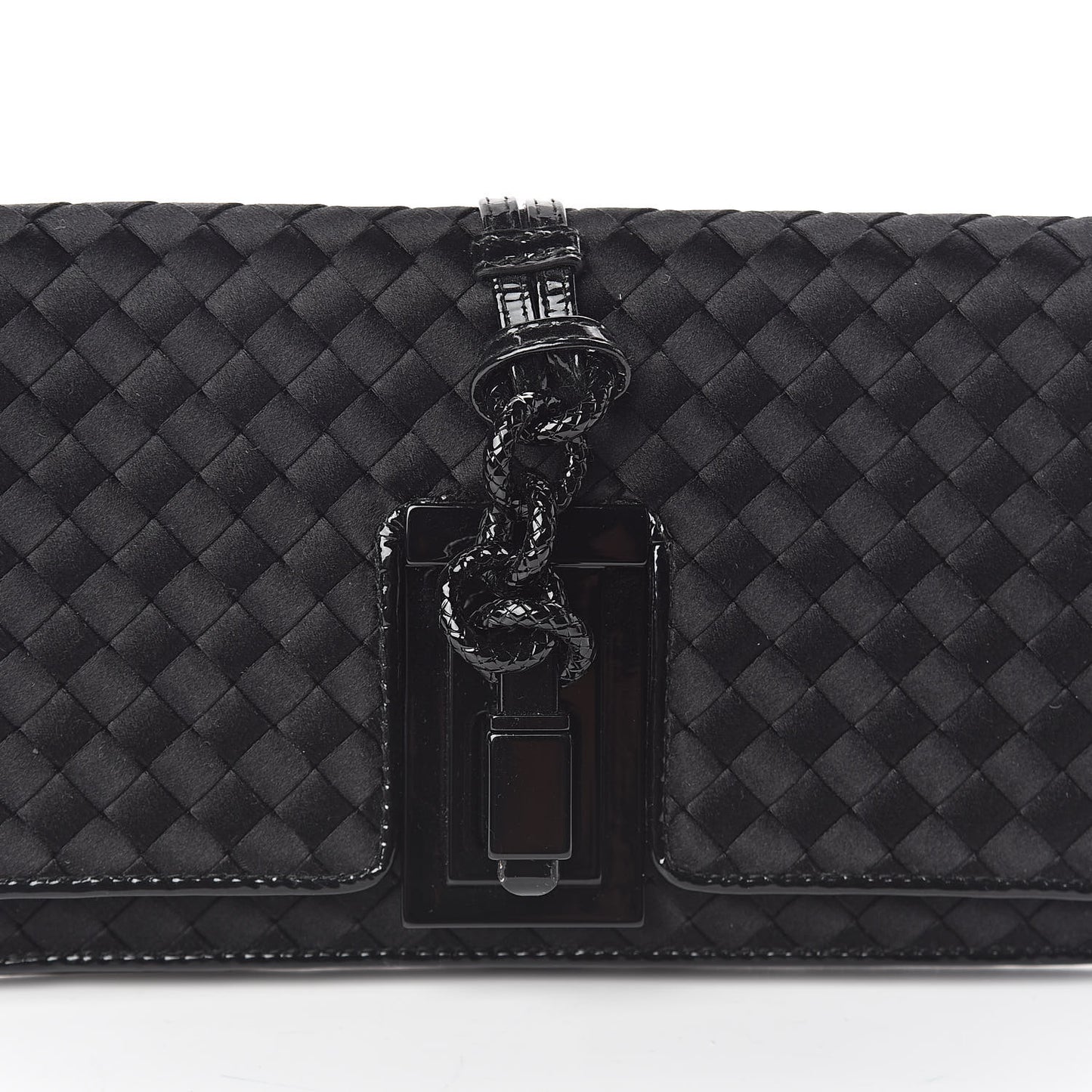 Satin Patent Intrecciato Flap Clutch Black