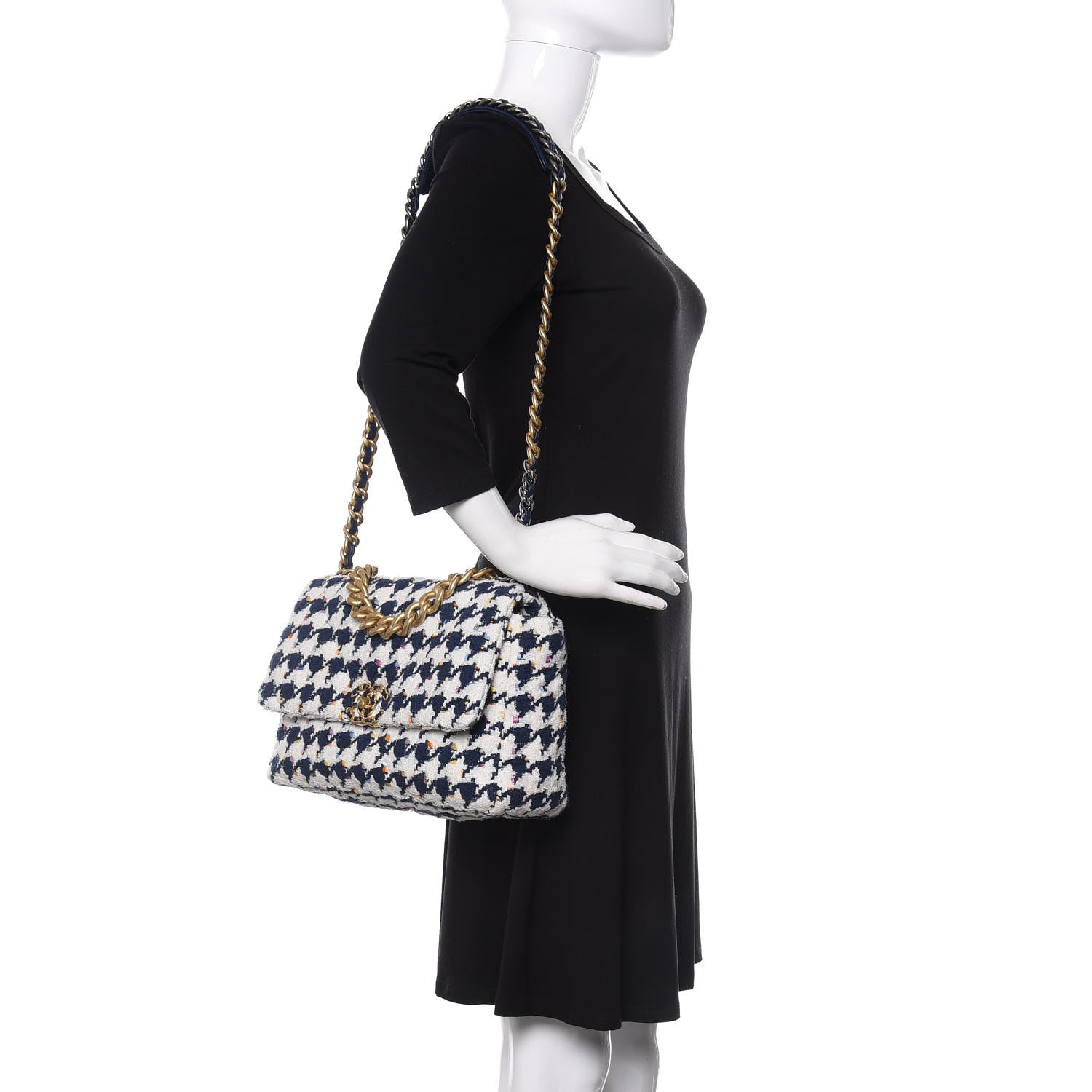 Chanel Tweed Quilted Large Chanel 19 Flap Ecru Navy Blue Multicolor 2 of 10