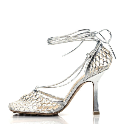 Bottega Veneta Mesh Metallic Nappa Stretch Ankle Tie Sandals 35 Silver 1 of 9