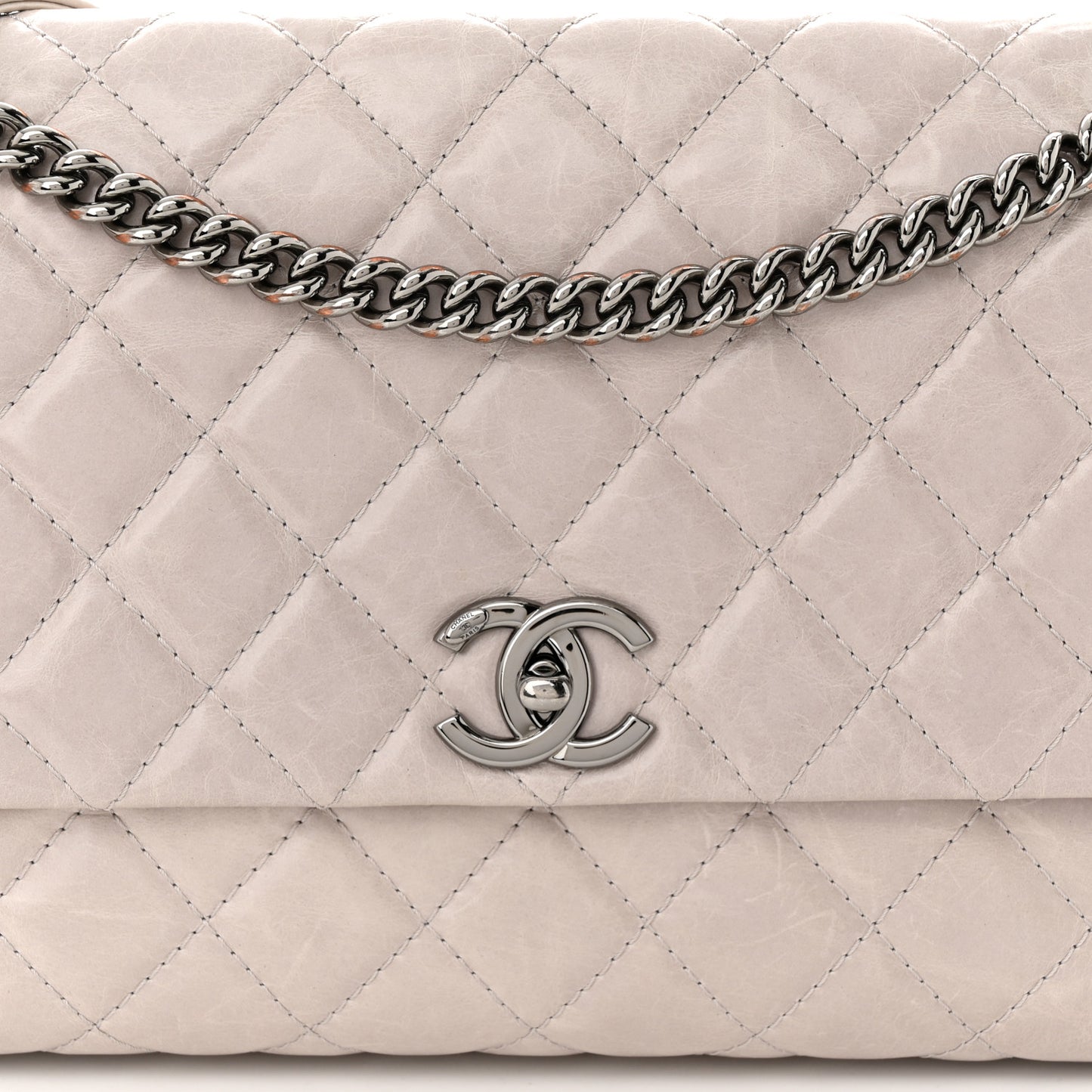 Glazed Calfskin Quilted Medium Lady Pearly Flap Light Beige