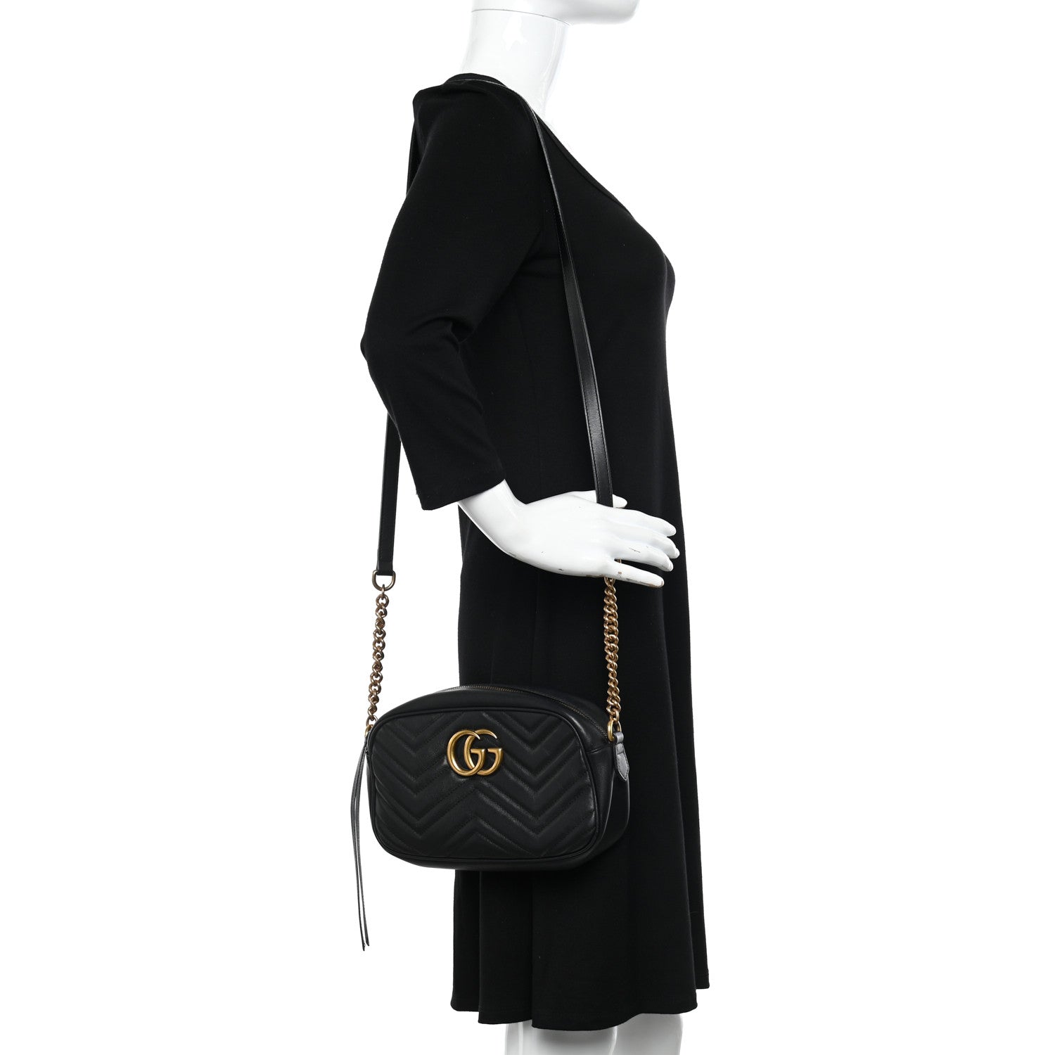 Gucci Calfskin Matelasse Small GG Marmont Chain Shoulder Bag Black 3 of 12