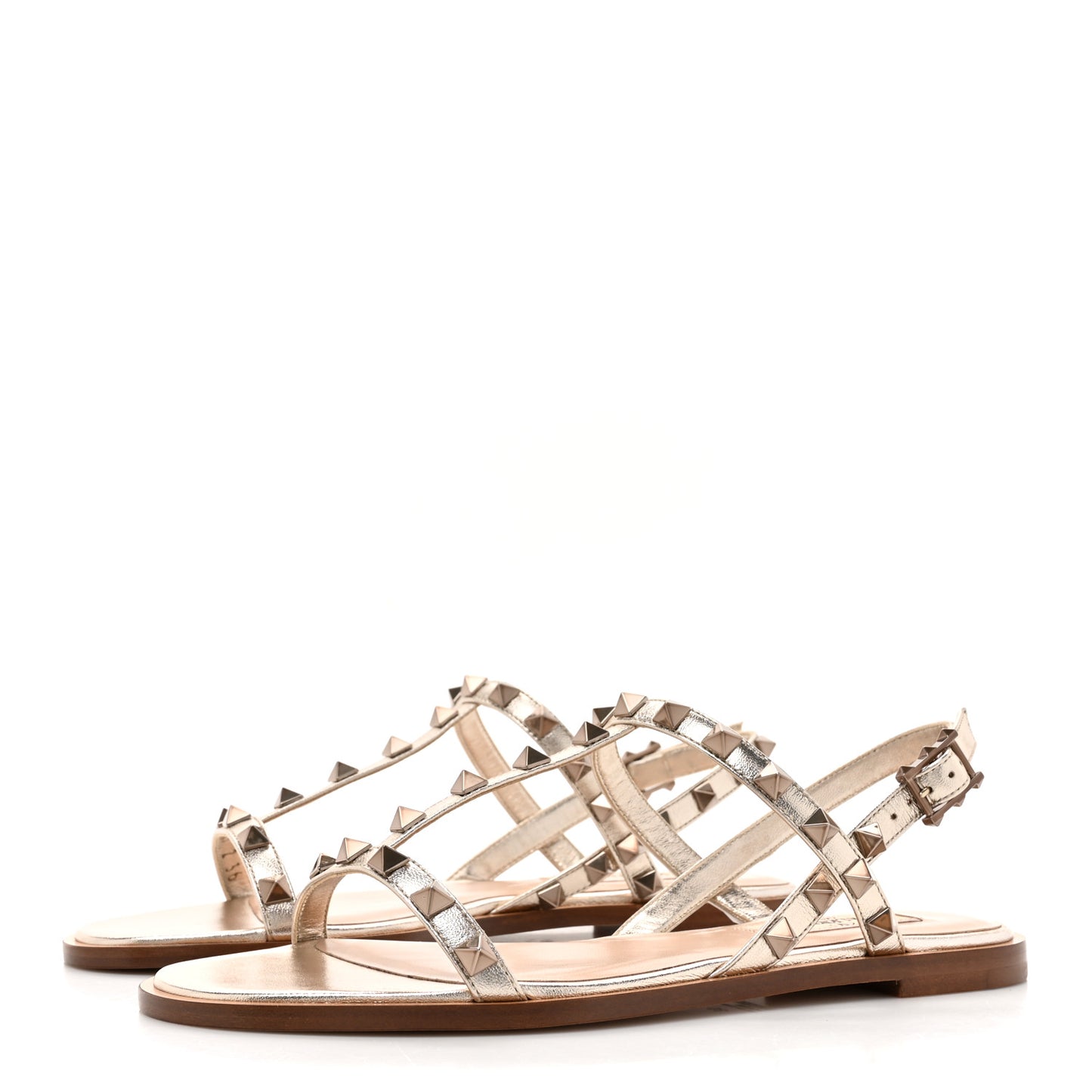 Metallic Nappa Rockstud T-Strap Slingback Flat Sandals 36 Skin