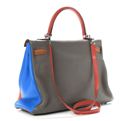 Hermes Taurillon Clemence Arlequin Kelly Retourne 35 Orange Sanguine Gold Bleu Lin Bleu Hydra Etain 3 of 17