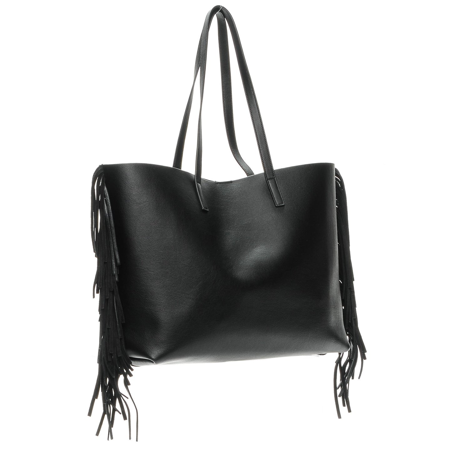 Calfskin Large Fringe Shopping Tote Black