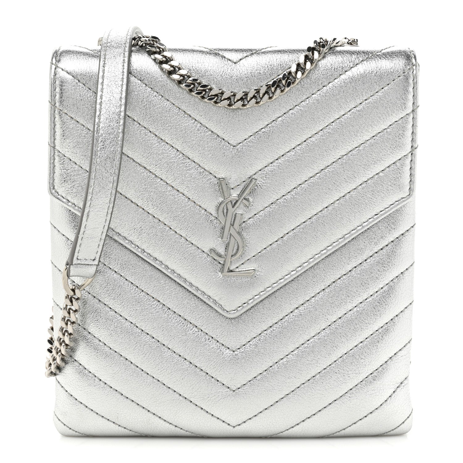 Saint Laurent Metallic Lambskin Quilted Double Flap Bag Silver 1 of 12