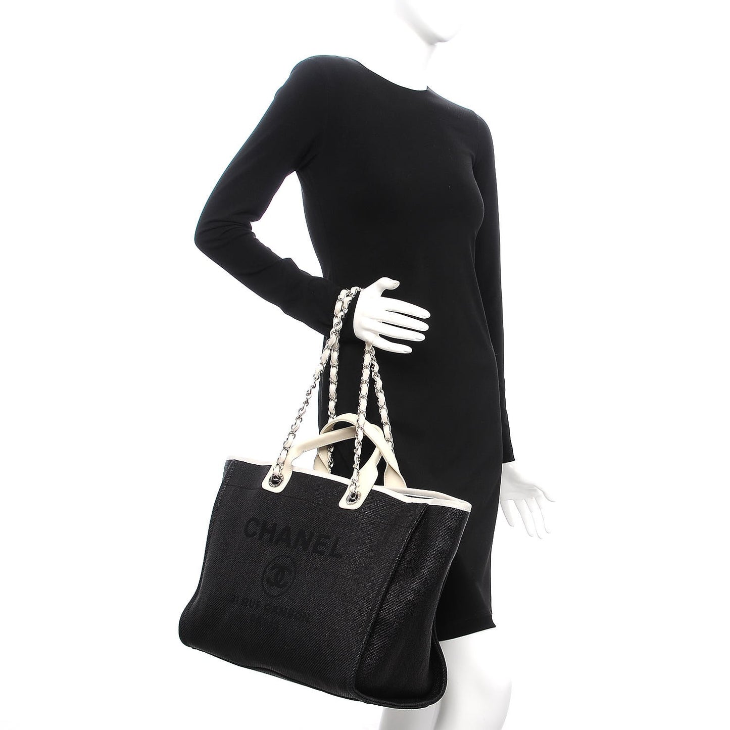 Woven Straw Raffia Large Deauville Tote Black White