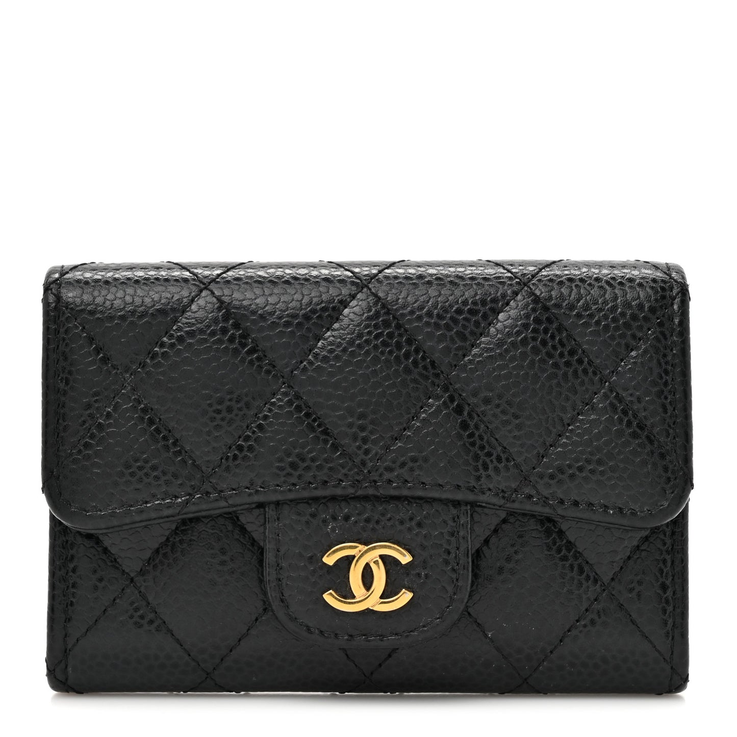 Caviar Quilted Flap Card Holder Wallet Black