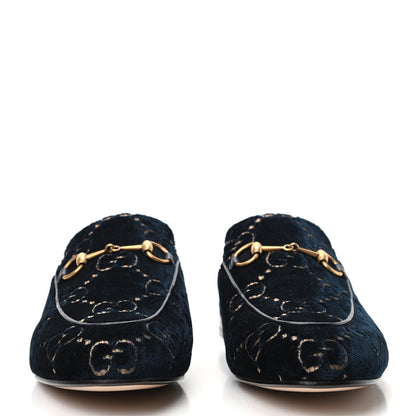 Gucci Velvet GG Monogram Womens Princetown Slippers 38.5 Blue Beige 2 of 8