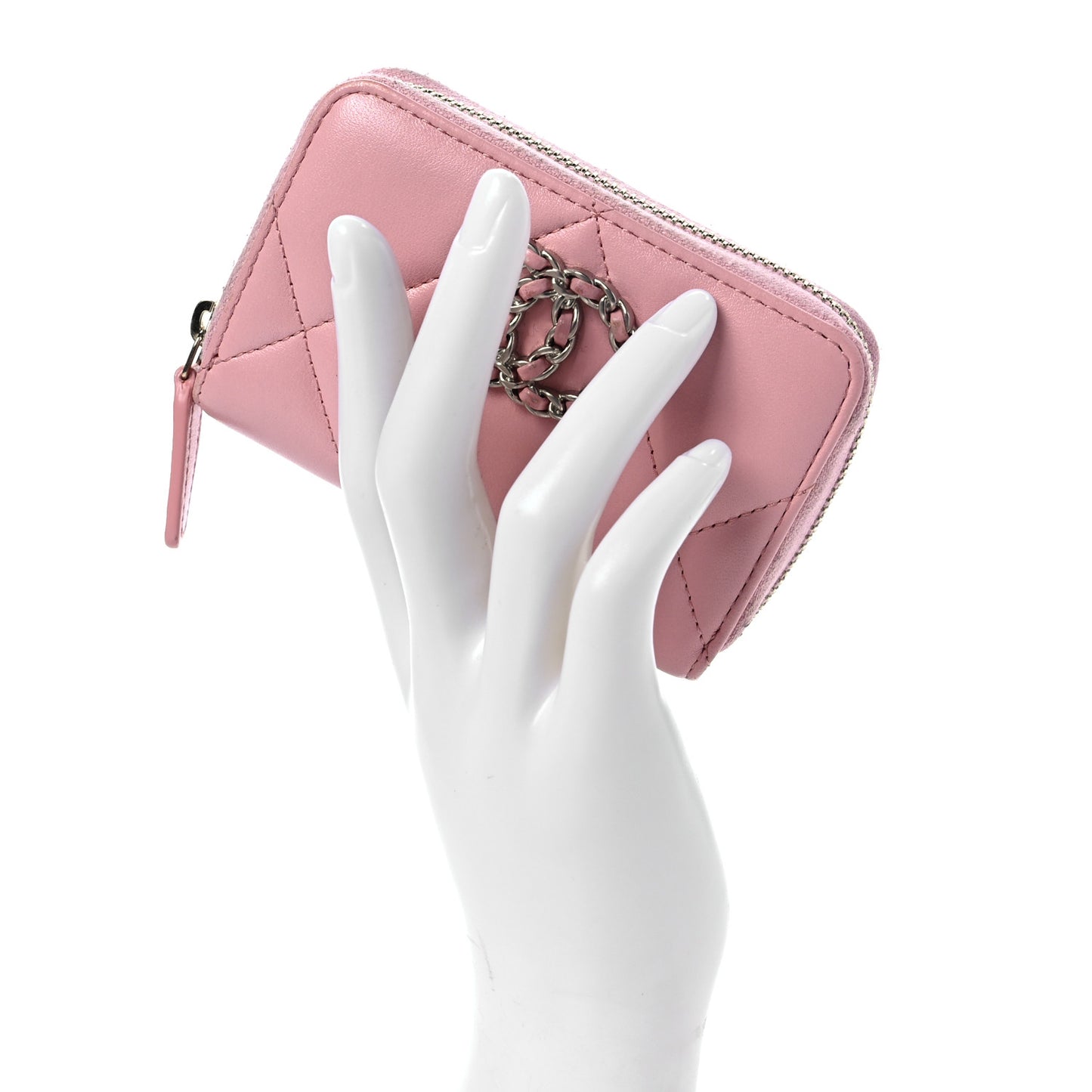 Lambskin Quilted Chanel 19 Zip Around Coin Purse Wallet Pink
