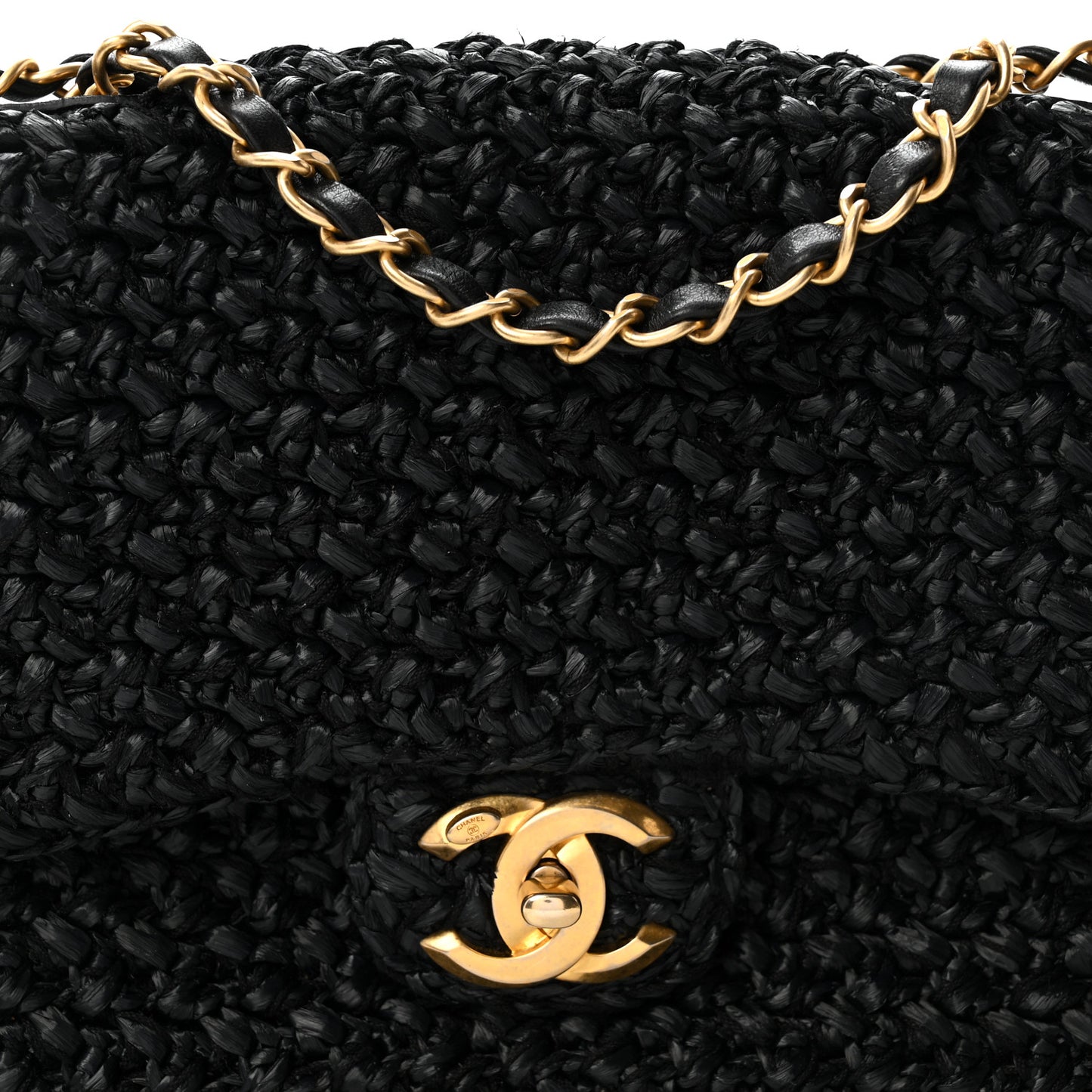 Raffia Crochet Paris Greece Medium Flap Bag Black