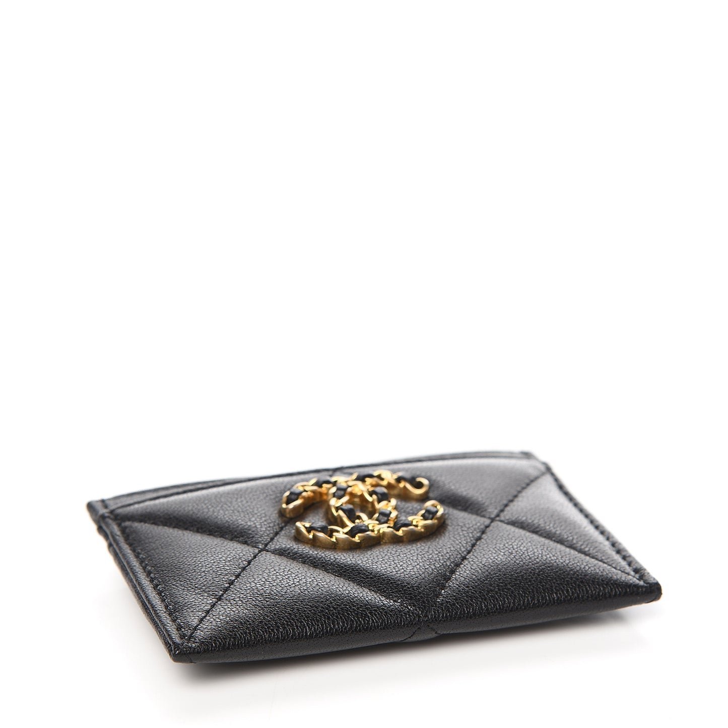Shiny Goatskin Quilted Chanel 19 Card Holder Black
