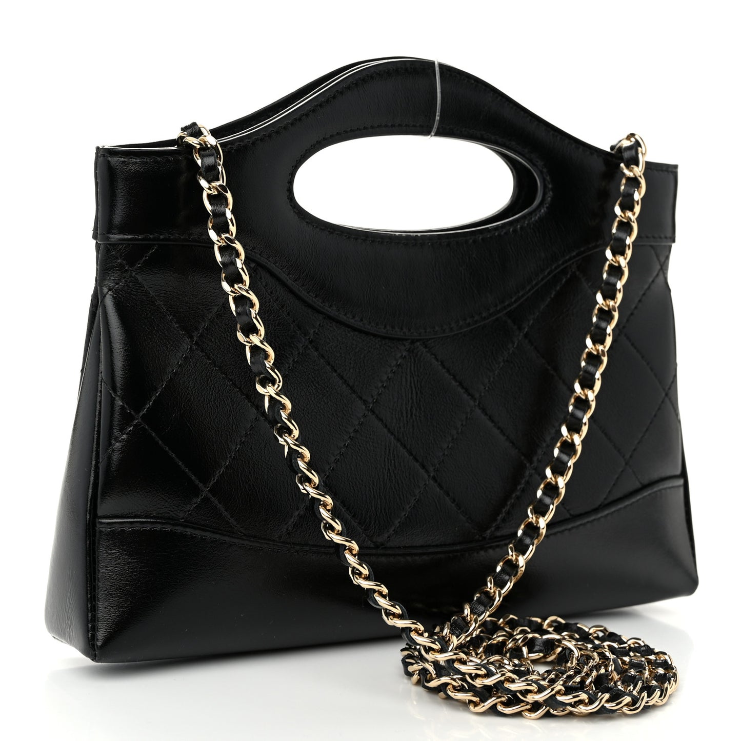 Shiny Crumpled Calfskin Quilted Nano 31 Shopping Bag Black
