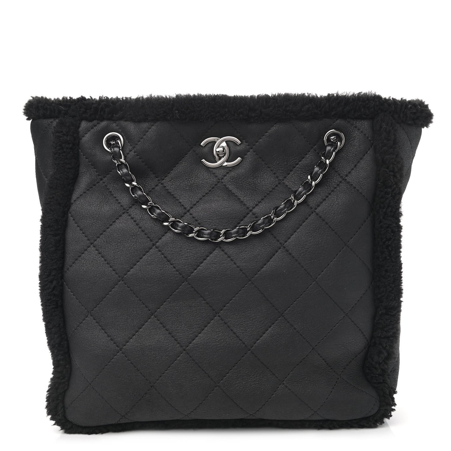 Lambskin Shearling Large Coco Neige Shopping Tote Black