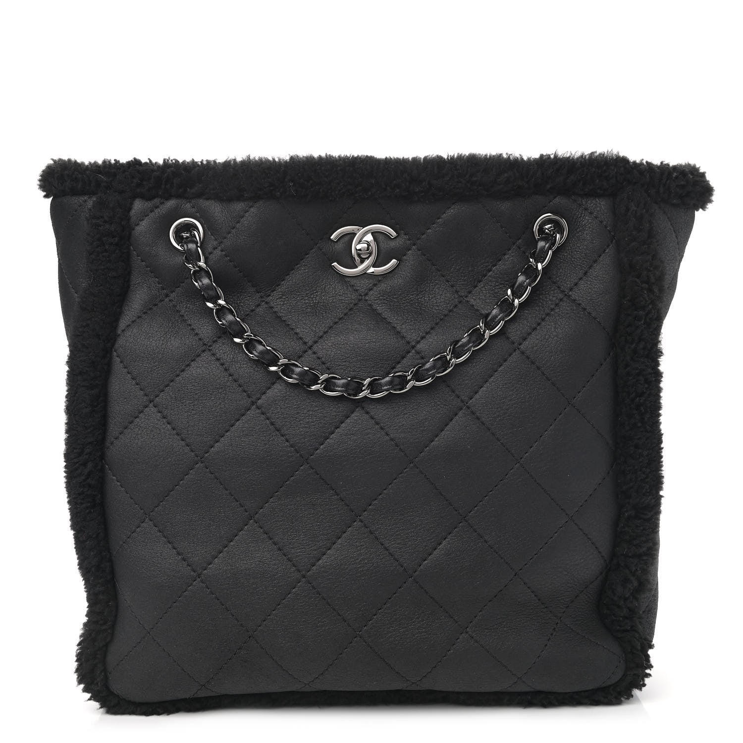 Chanel Lambskin Shearling Large Coco Neige Shopping Tote Black 1 of 10