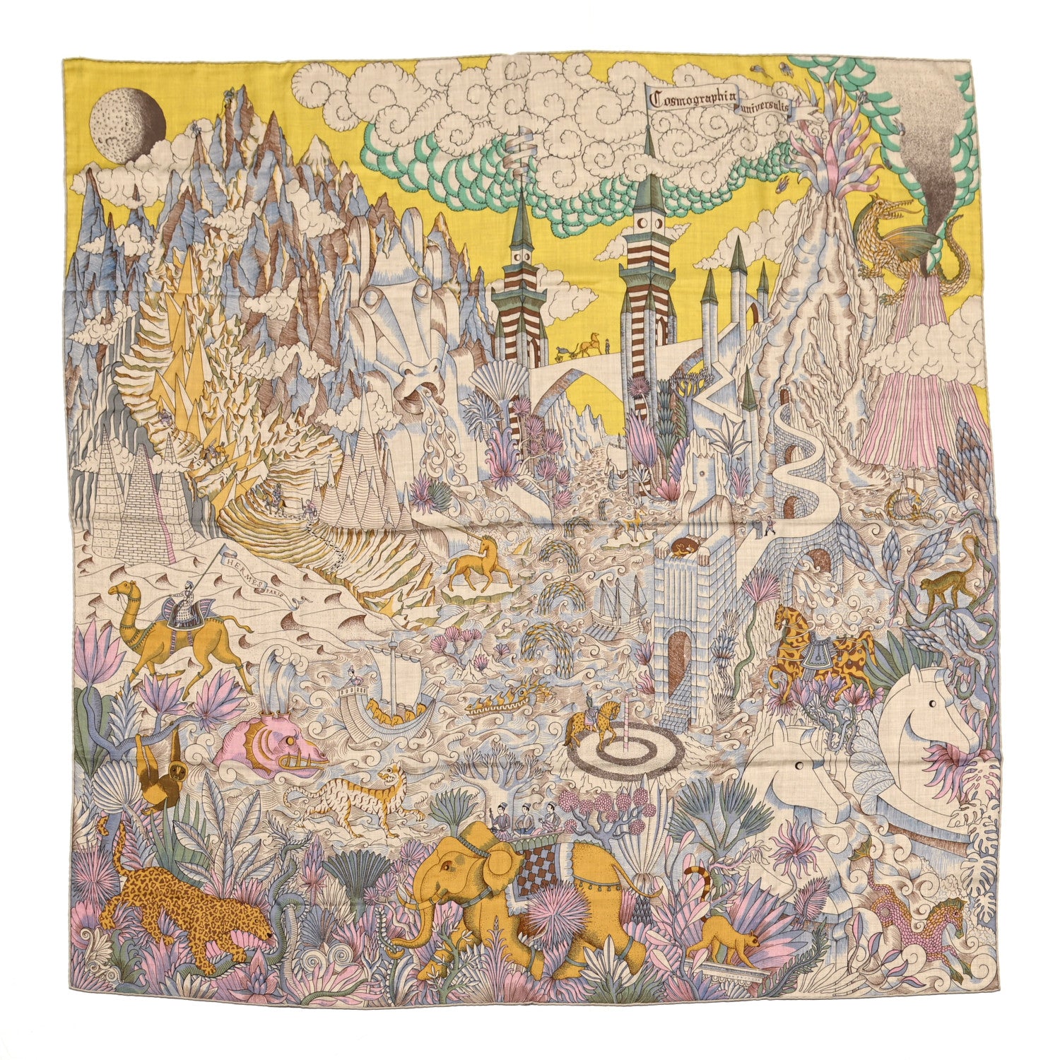 Hermes Cashmere Silk Cosmographia Universalis Shawl 140 Naturel Jaune Rose Pale 1 of 6