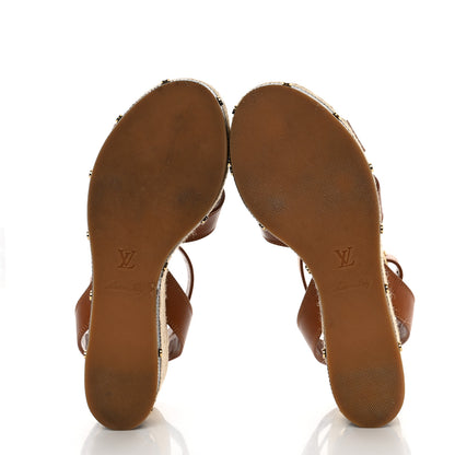 Louis Vuitton Calfskin Studded Espadrille Wedge Sandals 35.5 Cognac 5 of 9