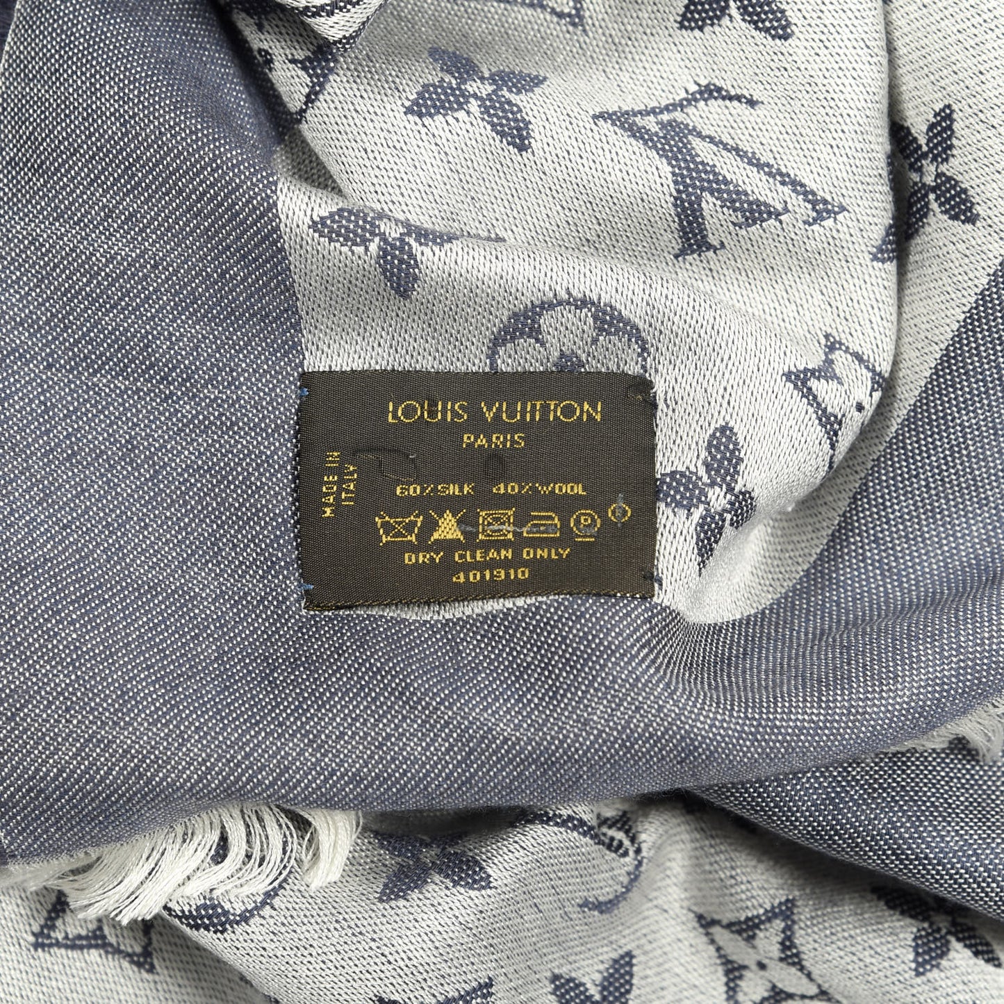 Wool Silk Monogram Denim Shawl Blue