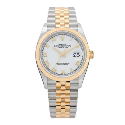 Rolex Stainless Steel 18K Yellow Gold 36mm Oyster Perpetual Datejust Watch White Roman 126233 1 of 5