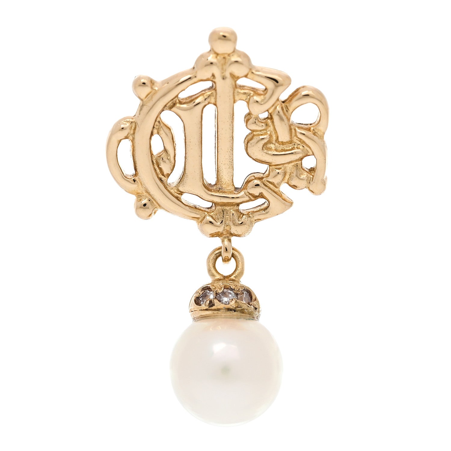 Christian Dior 18K Yellow Gold Diamond Cultured Pearl Logo Pendant 1 of 5