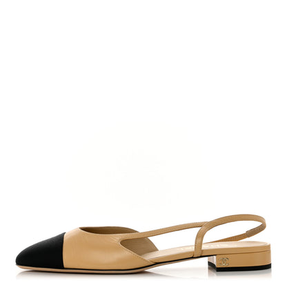 Chanel Lambskin Grosgrain Cap Toe CC Slingback Sandals 40.5 Beige Black 1 of 8