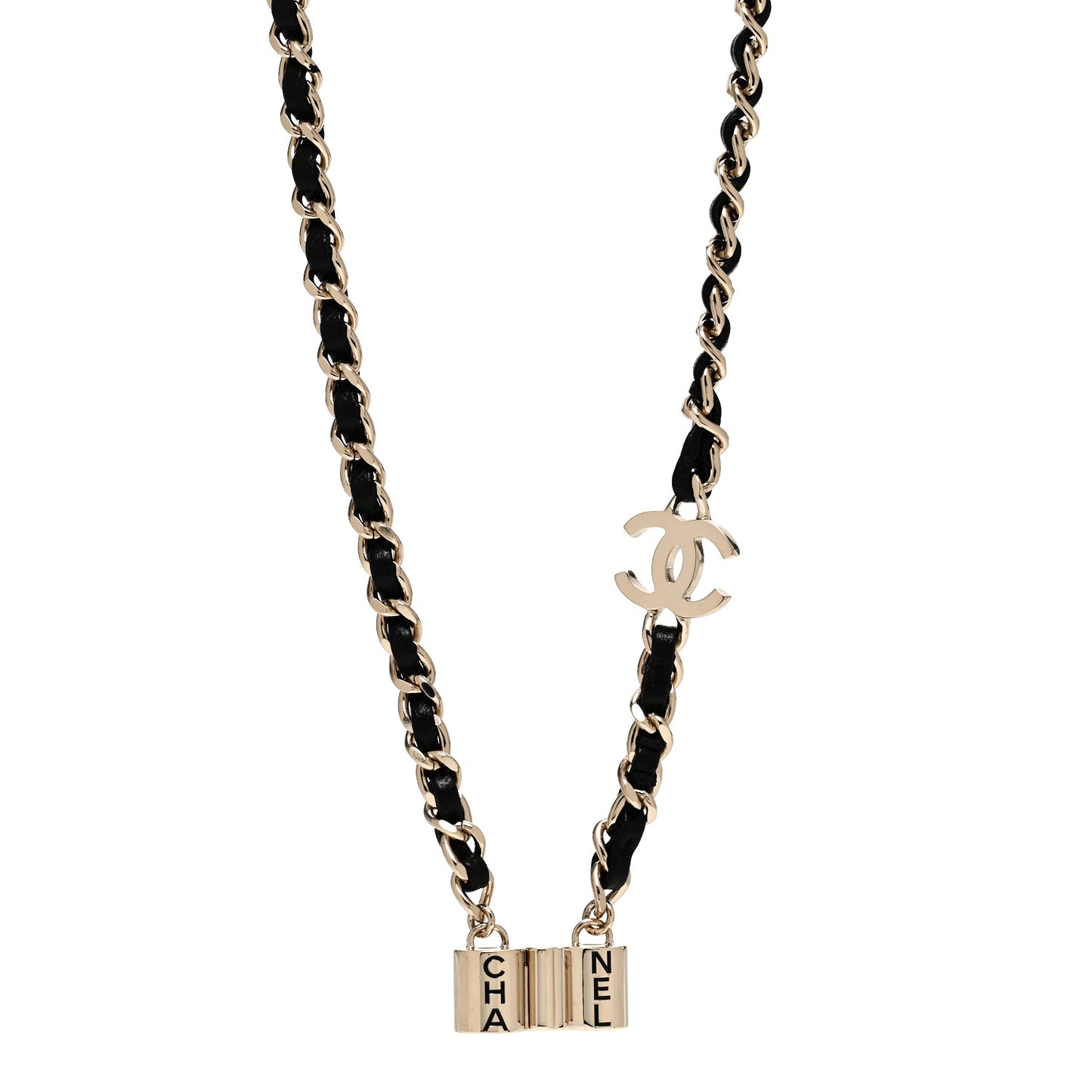 Metal Lambskin CC AirPods Necklace Gold Black